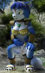  3d_(artwork) anthro bachri biped blue_fur canid canine circlet clothing crouching digital_media_(artwork) female footwear fox fur hi_res krystal mammal nintendo no_underwear peeing pussy sandals star_fox tagme teeth urine video_games watersports 