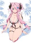  1girl bare_arms bare_shoulders bikini blue_eyes breasts cleavage collarbone commentary_request double_bun draph frilled_bikini frills granblue_fantasy hair_ornament hair_over_one_eye heart heart-shaped_pupils highleg highleg_bikini highres horns large_breasts long_hair looking_at_viewer narmaya_(granblue_fantasy) parted_lips pochi_(pochi-goya) pointy_ears sidelocks skindentation smile solo stomach swimsuit symbol-shaped_pupils thigh_strap thighs very_long_hair 