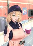  1girl apron baskin-robbins blonde_hair chaciooh commentary_request food girls_frontline green_eyes gun handgun hat highres holstered_weapon ice ice_cream ice_cream_cup ice_cream_scoop ice_cube kitchen ladle one_eye_closed px4_storm_(girls_frontline) solo uniform weapon 