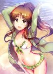  1girl :d arms_up beach bikini blush breasts brown_eyes brown_hair day flower frilled_bikini frills green_jacket idolmaster idolmaster_cinderella_girls jacket long_hair looking_at_viewer ment navel ocean open_mouth outdoors ponytail small_breasts smile solo swimsuit takamori_aiko thighs white_bikini 