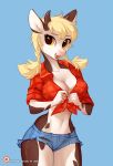  2019 animated anthro belle_(law_of_love) belly big_breasts blonde_hair bottomwear bovid bovine breasts cattle clothed clothing eqamrd female hair horn jeans law_of_love looking_at_viewer mammal navel nipples pants pigtails presenting shirt shorts smile solo standing tomatocoup topless topwear 