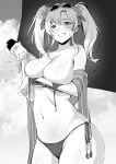  1girl amano_don bikini breasts covering covering_breasts eyewear_on_head flower granblue_fantasy greyscale hair_flower hair_ornament highres monochrome navel solo sunglasses swimsuit twintails zeta_(granblue_fantasy) 