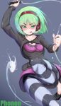  1girl bangs black_choker black_footwear breasts character_name choker cleavage closed_mouth collarbone eyebrows_visible_through_hair green_hair headphones holding_whip leg_up leggings long_sleeves panties phonon_(under_night_in-birth) purple_panties rabittofaa small_breasts smile solo striped striped_legwear tongue tongue_out under_night_in-birth under_night_in-birth_exe:late[st] underwear v-shaped_eyebrows whip 