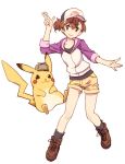  1girl 1other alternate_costume baseball_cap black_legwear brown_eyes brown_footwear brown_hair coin commentary_request crossover deerstalker detective_pikachu detective_pikachu_(series) full_body gen_1_pokemon hat jacket looking_at_viewer misaka_mikoto pikachu pokemon pokemon_(creature) power_connection raika9 short_hair shorts simple_background socks to_aru_kagaku_no_railgun to_aru_majutsu_no_index white_background yellow_shorts 