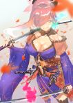  1girl asymmetrical_hair autumn_leaves black_legwear blue_eyes blue_kimono blue_sleeves breasts choker cleavage collarbone detached_sleeves fate/grand_order fate_(series) floating_hair grey_background hair_ornament hair_over_one_eye holding holding_sword holding_weapon japanese_clothes katana kibou kimono large_breasts leaf long_hair long_sleeves magatama_necklace maple_leaf midriff miyamoto_musashi_(fate/grand_order) navel navel_cutout over_shoulder pink_hair ponytail shiny shiny_hair short_kimono sleeveless sleeveless_kimono smile solo standing stomach sword sword_over_shoulder thighhighs weapon weapon_over_shoulder wide_sleeves 