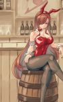  1girl absurdres animal_ears armband bar barrel black_legwear bottle bow bowtie breasts brown_eyes bunny_ears bunny_girl bunnysuit cleavage crossed_arms cup detached_collar drinking_glass erza_scarlet fairy_tail feet_out_of_frame hair_over_one_eye highres large_breasts leotard long_hair niwatori_(n3rke8ys) pantyhose red_hair red_leotard red_neckwear sitting solo strapless strapless_leotard wine_bottle wine_glass wrist_cuffs 