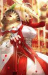  1girl aestus_domus_aurea aestus_estus ahoge blonde_hair blurry blurry_background breasts cleavage cleavage_cutout eyebrows_visible_through_hair fate/extra fate/grand_order fate_(series) fingerless_gloves gloves green_eyes hand_on_hilt hand_up highres kfr large_breasts nero_claudius_(fate) nero_claudius_(fate)_(all) open_mouth pauldrons petals ribbon rose_petals solo sword translation_request weapon wreath 