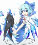  1girl :d absurdres black_legwear blue_dress blue_eyes blue_hair blush bow cirno dress eyebrows_visible_through_hair floating folded_leg hair_between_eyes hair_bow highres ice iyo_(ya_na_kanji) knees_up looking_at_viewer neck_ribbon no_shoes open_mouth pinafore_dress puffy_short_sleeves puffy_sleeves red_ribbon ribbon shirt shirt_under_dress short_hair short_sleeves simple_background skirt_hold smile solo sparkle thighhighs touhou white_background white_shirt wing_collar wings 