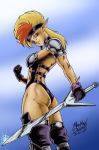  2019 anime armor blonde_hair breasts butt clothed clothing elf female fingerless_gloves gloves hair headband hi_res holding_object holding_weapon humanoid looking_at_viewer madmaxsol melee_weapon moka_(ozanari_dungeon) not_furry ozanari_dungeon red_eyes red_hair solo standing sword unconvincing_armor weapon 