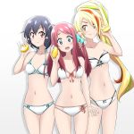  3girls ass_visible_through_thighs bikini black_hair blonde_hair blue_eyes blush breasts cleavage collarbone food fruit hair_ornament highlights holding kakkii lemon long_hair looking_at_viewer minamoto_sakura mizuno_ai multi-strapped_bikini multicolored_hair multiple_girls navel nikaidou_saki red_eyes red_hair shiny shiny_hair shiny_skin simple_background small_breasts smile standing star star_hair_ornament strapless strapless_bikini swimsuit thigh_gap very_long_hair white_background white_bikini yellow_eyes zombie_land_saga 