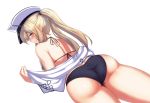  1girl ass bikini black_bikini blue_eyes blush breasts capelet carmine_(ucdio) dutch_angle from_behind graf_zeppelin_(kantai_collection) graphite_(medium) hat highres kantai_collection large_breasts long_hair looking_at_viewer looking_back mechanical_pencil parted_lips peaked_cap pencil sidelocks simple_background solo swimsuit traditional_media twintails white_background white_headwear 