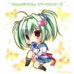  1girl ahoge bangs black_legwear blue_neckwear blue_sailor_collar blue_skirt blush bow brown_eyes bug butterfly character_name chibi closed_mouth commentary_request eyebrows_visible_through_hair full_body green_hair hair_between_eyes hair_intakes hair_ornament hair_scrunchie happy_birthday head_tilt heart heart_hair_ornament insect juliet_sleeves knee_up kneehighs lia_berlioz long_sleeves necktie_in_mouth no_shoes pleated_skirt prism_rhythm puffy_sleeves purple_scrunchie ryuuka_sane sailor_collar school_uniform scrunchie serafuku shirt sitting skirt solo twitter_username two_side_up white_background white_bow white_shirt 