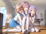  5girls :d :o ahoge alternate_costume anchor_print animal ayanami_(azur_lane) azur_lane bird black_ribbon black_sailor_collar blue_sailor_collar blue_skirt blue_sky brown_hair buttons chick collarbone commentary_request computer couch day feet grand_piano green_eyes hair_ornament hair_ribbon hair_scrunchie hand_on_another&#039;s_shoulder hand_up headgear highres holding indoors instrument javelin_(azur_lane) keyboard_(computer) kneeling knees_up laffey_(azur_lane) long_hair long_sleeves looking_at_viewer low_twintails manjuu_(azur_lane) microphone miniskirt multiple_girls neckerchief no_shoes on_couch open_mouth pantyhose piano pink_neckwear plant playstation_controller pleated_skirt ponytail potted_plant purple_eyes purple_hair red_eyes red_neckwear ribbon sailor_collar school_uniform scrunchie serafuku shadow shirt short_hair sidelocks silver_hair sitting skirt sky smile standing sunlight television toes tokinohimitsu twintails unicorn_(azur_lane) v v_arms wariza white_cardigan white_legwear white_shirt window yellow_neckwear z23_(azur_lane) 