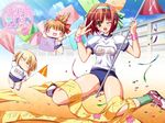  ;d artist_request asou_kuon banner blonde_hair blush blush_stickers brown_hair building buruma cherry_blossoms chibi confetti day flag green_legwear gym_uniform hairband light_rays looking_at_viewer multiple_girls numbered_flag official_art on_ground one2 one_eye_closed open_mouth outdoors pennant ribbed_legwear school shoes short_sleeves sitting smile sneakers socks sports_festival spread_legs string_of_flags sunbeam sunlight v wrist_cuffs 