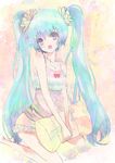  blue_hair bow ery frills hatsune_miku jewelry long_hair necklace open_mouth pillow sitting solo twintails very_long_hair vocaloid wariza 