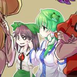  cheek_pinching green_hair kochiya_sanae mafuyu_hemp moriya_suwako multiple_girls pinching reiuji_utsuho ribbon touhou yasaka_kanako 