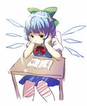  blue_hair book cirno mouth_hold pencil sitting solo touhou weee_(raemz) 