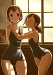  arms_around_neck blush brown_hair closed_eyes hair_ornament hairclip highres multiple_girls one-piece_swimsuit original pixiv_festa school_swimsuit short_hair swimsuit wadapen wide_hips yuri 