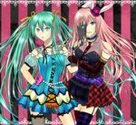  animal_ears asymmetrical_clothes bad_id bad_pixiv_id bare_shoulders belt blue_eyes bow bracelet breasts bunny_ears choker cleavage dress elbow_gloves frills gloves green_hair hair_ribbon hand_over_eye hat hatsune_miku heart jewelry kanon_(avuzero) large_breasts long_hair megurine_luka mini_hat mini_top_hat multiple_girls pearl pink_hair plaid pleated_skirt ribbon see-through skirt thighhighs top_hat twintails vocaloid zettai_ryouiki 