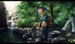  bad_id bad_pixiv_id bag blue_eyes blue_hair boots cucumber digital_media_player earphones fishing_rod forest hat highres ipod kawashiro_nitori kurione_(zassou) letterboxed nature rubber_boots scenery shade sleeves_rolled_up solo tent touhou twintails water waterfall 