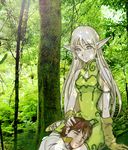  1girl closed_eyes elf forest lap long_hair male_focus nature pointy_ears siblings sisters twins 