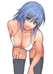  aqua_eyes bikini black_legwear blue_hair breasts cleavage halterneck hand_on_thigh head_tilt large_breasts leaning_forward looking_at_viewer original simple_background smile solo swimsuit thighhighs white_background white_bikini yuuji_(and) 