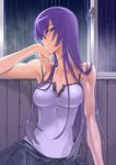  bare_shoulders blue_eyes blush breasts busujima_saeko camisole casual chin_rest cleavage closed_mouth fingernails highschool_of_the_dead large_breasts long_fingernails long_hair looking_at_viewer medium_breasts purple_hair rain satou_shouji skirt smile solo tank_top unbuttoned window 