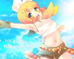  :d \o/ armpits arms_up bad_id bad_pixiv_id belt blonde_hair cloud crop_top day detached_sleeves green_eyes hair_ornament hairband hairclip kagamine_rin lens_flare midriff narisuke navel open_mouth outstretched_arms sailor_collar short_hair shorts sky smile solo sun vocaloid 