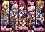  ahoge angel_beats! band bass_guitar blonde_hair blue_eyes brown_eyes brown_hair choker cross drum drum_set electric_guitar guitar hisako_(angel_beats!) instrument irie_(angel_beats!) iwasawa jazzmaster long_hair multiple_girls negi_(ulog'be) open_mouth pink_eyes pink_hair ponytail purple_eyes purple_hair red_eyes school_uniform sekine serafuku short_hair short_twintails skirt sleeves_rolled_up stratocaster thigh_strap thighhighs twintails yui_(angel_beats!) 