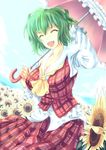  :d ascot breasts cleavage closed_eyes colored_eyelashes dutch_angle field fisheye flower flower_field green_hair hand_behind_head happy highres kazami_yuuka kinntarou large_breasts open_mouth parasol plaid plaid_skirt plaid_vest short_hair skirt skirt_set smile solo sunflower touhou umbrella untucked vest 