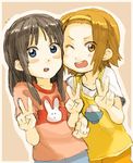  akiyama_mio blush_stickers casual cheek-to-cheek fukutarou_(enji127) hairband k-on! multiple_girls one_eye_closed tainaka_ritsu v younger 