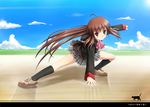  bow brown_hair legs little_busters! long_hair natsume_rin pink_bow plaid plaid_skirt ponytail pose red_eyes school_uniform skirt solo tai_(2vs) 