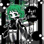  black_dress breasts chibi dress elbow_gloves fingerless_gloves gloves green_eyes green_hair gumi hinn just_a_game_(vocaloid) medium_breasts no_nose scarf sideboob solo spot_color thighhighs vocaloid 