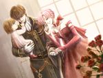 2girls altenna_(fire_emblem) blush bridal_gauntlets brown_hair couple cuan_(fire_emblem) dress elbow_gloves ethlin_(fire_emblem) family father_and_daughter fire_emblem fire_emblem:_seisen_no_keifu flower gloves hetero kimikahamu mother_and_daughter multiple_girls pink_eyes pink_hair rose smile 