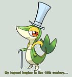  cane clothed_pokemon english excalibur_(soul_eater) gen_5_pokemon hat look-alike no_humans parody pokemon pokemon_(creature) red_eyes smile smug snivy soul_eater top_hat 