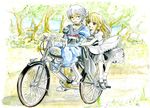  1girl blonde_hair braid glasses ground_vehicle kirisame_marisa long_hair master_(4th) moped morichika_rinnosuke motor_vehicle motorcycle multiple_riders short_hair silver_hair touhou traditional_media watercolor_(medium) yellow_eyes 