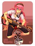  blue_eyes breasts cleavage glasses guitar headphones instrument long_hair medium_breasts megurine_luka mouth_hold necktie pink_hair plectrum sandals solo twintails vocaloid yakult yuuji_(and) 