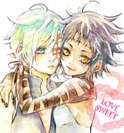  1girl allen_walker blue_eyes couple d.gray-man dark_skin hetero homura_ayame road_kamelot scar short_hair smile yellow_eyes 