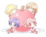  apple blonde_hair blush brown_hair chibi closed_eyes food fruit glasses hair_ornament hairclip hidamari_sketch hiro mirai_(sugar) miyako multiple_girls oversized_object pink_eyes pink_hair plate purple_eyes purple_hair sae school_uniform skirt smile yuno 