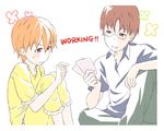  1girl bad_id bad_pixiv_id blush card_game couple glasses hetero inami_mahiru orange_eyes orange_hair pajamas short_hair sketch takanashi_souta working!! yun_(kinumi0411) 