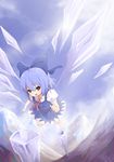  bad_id bad_pixiv_id blue_eyes blue_hair bow cirno hair_bow ice lens_flare mountain open_mouth perspective short_hair smile solo standing standing_on_one_leg touhou wings zhao_shuwen 