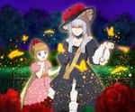  blonde_hair blue_dress blue_eyes blue_hair bug bush butterfly child closed_eyes dress fence flower garden hair_flower hair_ornament hat highres hime_cut insect lila_(artist) long_hair multiple_girls night pink_dress rose silver_hair sparkle umineko_no_naku_koro_ni ushiromiya_beatrice virgilia wand younger 