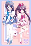  akiyama_mio black_hair blue_eyes blue_skirt boots choker cosplay cure_blossom cure_blossom_(cosplay) cure_marine cure_marine_(cosplay) heartcatch_precure! k-on! knee_boots long_hair magical_girl multiple_girls naa nakano_azusa pink_choker precure red_eyes skirt thighhighs twintails wand 