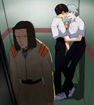  aoba_shigeru artist_request blush brown_hair couple elevator hug ikari_shinji male_focus multiple_boys nagisa_kaworu neon_genesis_evangelion parody red_eyes sweat white_hair yaoi 