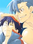  blue_hair goggles hand_on_head kamina multiple_boys red_eyes ru&amp;pauda_(artist) shirtless simon smirk tattoo tegaki tengen_toppa_gurren_lagann 