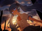 bad_id bad_pixiv_id blue21 blue_eyes blue_hair bow bowtie cloud earbuds earphones empty_eyes from_below hair_bow hatsune_miku long_hair power_lines skirt sky smile solo sunset twintails vocaloid 