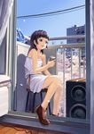  bad_id bad_pixiv_id black_hair brown_eyes can cherry_blossoms dress high_heels highres original petals pixiv_festa shoes solo speaker stool tko_(hhan) 