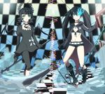  bad_id bad_pixiv_id bikini_top black_dress black_hair black_rock_shooter black_rock_shooter_(character) blue_eyes boots chain chirosuke dead_master dress green_eyes holding holding_scythe horns leggings long_hair midriff multiple_girls navel pale_skin scar scythe shorts star sword twintails weapon 