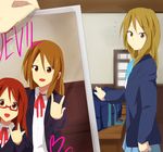  \m/ bag blazer brown_eyes brown_hair comparison death_devil della_(k-on!) extra glasses jacket k-on! look-alike magenta_(atyana) multiple_girls photo_(object) school_bag school_uniform tachibana_himeko teenage yamanaka_sawako younger 