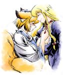  animal_ears asymmetrical_docking azuki_osamitsu blonde_hair blush breast_press breasts cleavage face-to-face forehead-to-forehead fox_tail gloves huge_breasts long_hair multiple_girls no_hat no_headwear short_hair tail touhou yakumo_ran yakumo_yukari yellow_eyes yuri 